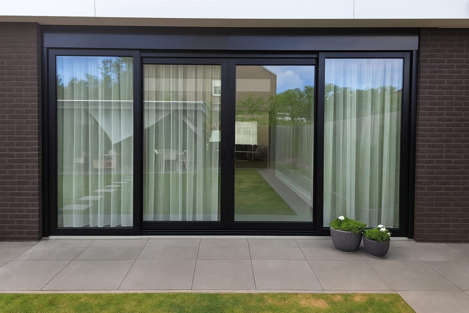 Aluminium schuifpui met zonwerend HR++ glas en smalle tussenstijl in moderne woning